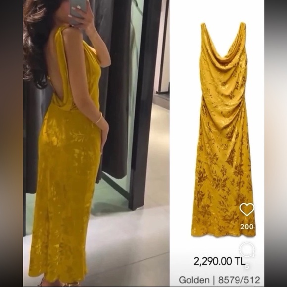 Zara Dresses & Skirts - ZARA bloggers fav Satin Floral Jacquard Midi Maxi Dress Open Back Yellow Gold M